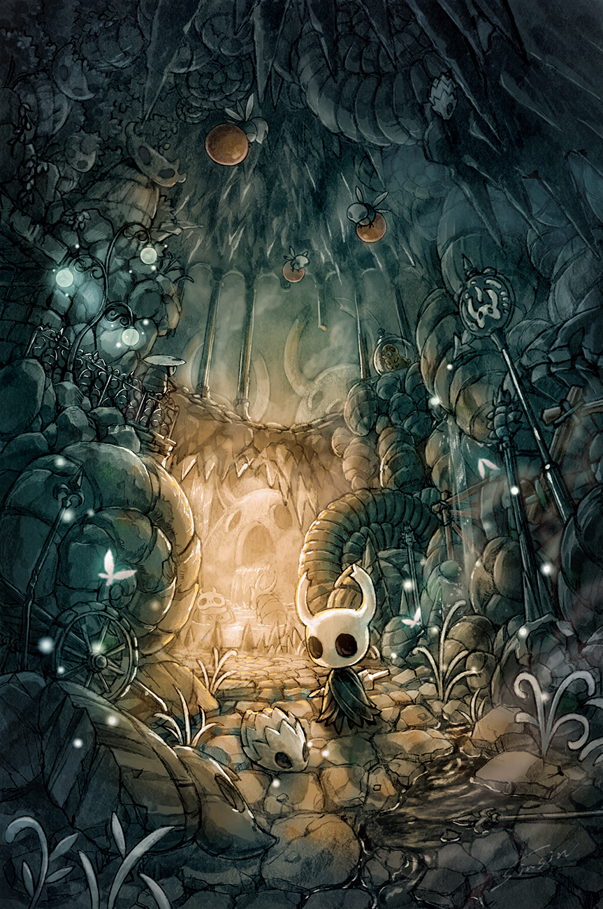 1other aspid_hunter_(hollow_knight) bathing beetle bug butterfly cave cave_interior column commentary_request fossil glowing grub_(hollow_knight) highres hollow_knight knight_(hollow_knight) lamppost lance onsen pillar plant polearm puddle quirrel railing rock scenery signature sinsin719 stalactite standing statue stick stone_walkway tiktik_(hollow_knight) water waterfall weapon wheel wide_shot