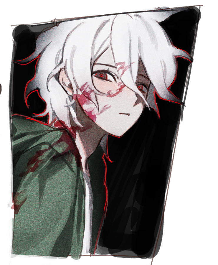 1boy alternate_eye_color bangs black_background blood blood_on_clothes blood_on_face closed_mouth commentary_request danganronpa_(series) danganronpa_2:_goodbye_despair from_side green_jacket hood hood_down hooded_jacket jacket komaeda_nagito looking_at_viewer male_focus open_clothes open_jacket outline red_eyes red_outline serious shirt short_hair solo upper_body white_background white_hair yp_(pypy_5_)