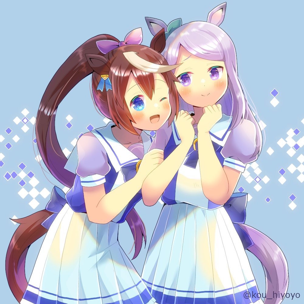 2girls ;d animal_ears bangs blue_background blue_bow blue_eyes blue_shirt blush bow brown_hair commentary_request ear_ribbon eyebrows_visible_through_hair green_ribbon hair_between_eyes hair_ribbon hands_up high_ponytail horse_ears horse_girl horse_tail kou_hiyoyo long_hair mejiro_mcqueen_(umamusume) multicolored_hair multiple_girls one_eye_closed open_mouth pink_ribbon pleated_skirt ponytail puffy_short_sleeves puffy_sleeves purple_hair ribbon school_uniform shirt short_sleeves skirt smile streaked_hair tail tokai_teio_(umamusume) tracen_school_uniform twitter_username umamusume very_long_hair violet_eyes white_hair white_skirt