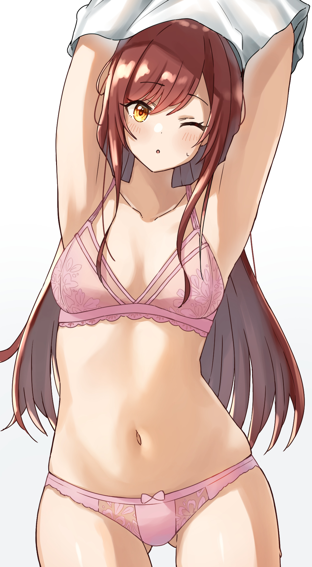 1girl ;o armpits arms_up ass_visible_through_thighs bangs bow bow_panties bra breasts brown_hair clothes_lift commentary cowboy_shot eyebrows_visible_through_hair highres idolmaster idolmaster_shiny_colors lace-trimmed_bra lace_trim lifted_by_self long_hair looking_at_viewer medium_breasts navel one_eye_closed oosaki_amana panties parted_lips pink_bra pink_panties shirt_lift simple_background skindentation solo standing sweatdrop underwear underwear_only undressing wanimaru white_background yellow_eyes