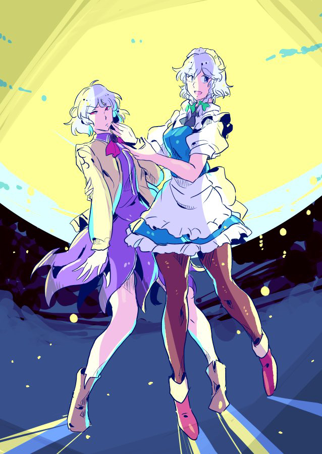 2girls :/ angel_wings apron beige_jacket blue_eyes boots bow bowtie braid breasts brown_footwear brown_legwear dress eyebrows_visible_through_hair flat_chest french_braid full_moon green_ribbon hair_between_eyes hair_ribbon hand_to_own_mouth hou izayoi_sakuya kishin_sagume large_breasts long_sleeves looking_to_the_side maid maid_apron maid_headdress moon multiple_girls open_mouth pantyhose puffy_short_sleeves puffy_sleeves purple_dress red_eyes red_neckwear ribbon short_hair short_sleeves silver_hair single_wing touhou tress_ribbon twin_braids white_hair wings yutarou