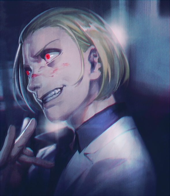 1boy bangs black_shirt blonde_hair blood blood_on_face clenched_teeth collared_shirt from_side grey_background hand_up jacket male_focus naki_(tokyo_ghoul) red_eyes shirt short_hair solo teeth tokyo_ghoul upper_body white_jacket zoo_(oukakumaku)