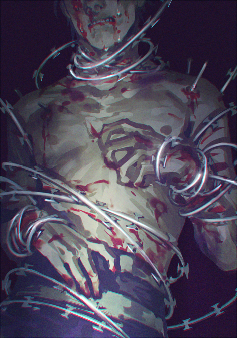 1boy black_background blood blood_on_arm blood_on_face chain clenched_teeth hand_up head_out_of_frame injury needle omori_yakumo pants shirtless solo teeth tokyo_ghoul zoo_(oukakumaku)