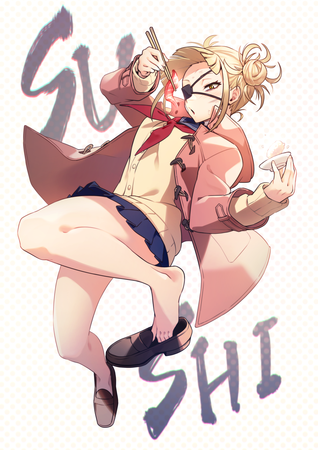 1girl :o abiko_yuuji alternate_costume arm_up bandages bandaid bandaid_on_cheek bangs black_eyepatch blonde_hair blue_sailor_collar blue_skirt blunt_bangs boku_no_hero_academia bowl brown_footwear brown_jacket bruise cardigan commentary_request double_bun eyepatch food gradient gradient_background hand_up highres holding holding_bowl injury jacket long_sleeves looking_at_viewer miniskirt neckerchief open_clothes open_jacket pleated_skirt polka_dot polka_dot_background red_neckwear rice sailor_collar school_uniform serafuku shoe_removed shoes skirt solo sushi toga_himiko white_background yellow_eyes