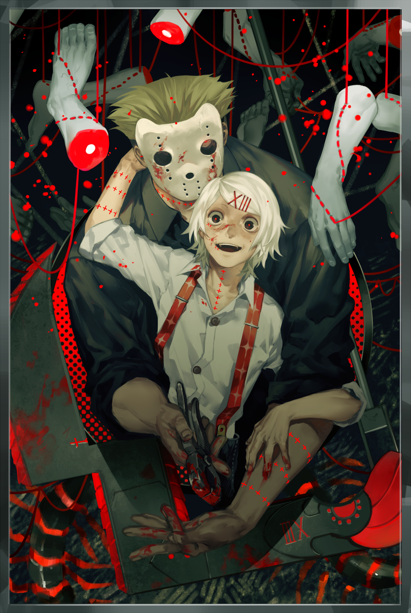 2boys amputee arm_up bangs black_background black_shirt blonde_hair blood border collared_shirt cropped_torso grey_border hair_ornament hairclip hockey_mask long_sleeves looking_at_viewer mask multiple_boys omori_yakumo open_mouth pliers roman_numeral scythe shirt short_hair short_sleeves smile stitches suspenders suzuya_juuzou tokyo_ghoul upper_body upper_teeth weapon white_hair white_shirt white_sleeves zoo_(oukakumaku)