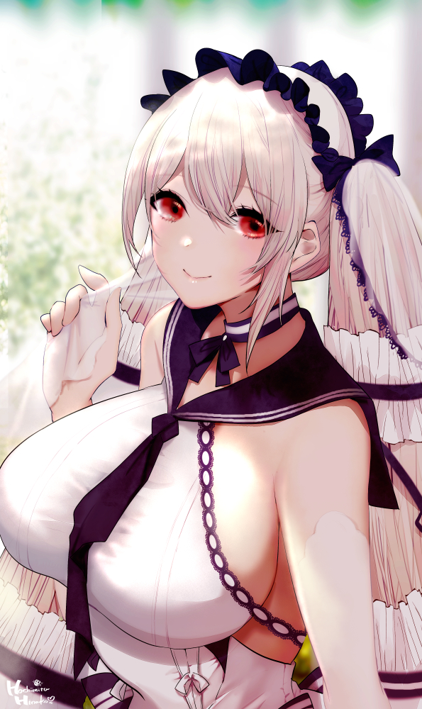 1girl absurdly_long_hair artist_name azur_lane bare_shoulders black_neckwear black_sailor_collar bow_dress breasts clothing_cutout detached_sleeves dress dress_flower feather_dress formidable_(azur_lane) formidable_(timeless_classics)_(azur_lane) hachimitsu_hinako hair_ornament huge_breasts long_hair looking_at_viewer official_alternate_costume platinum_blonde_hair red_eyes sailor_collar smile solo twintails two-tone_dress two-tone_ribbon veil very_long_hair white_dress