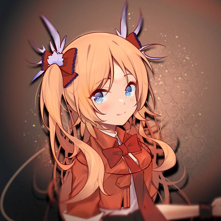 1girl arknights blonde_hair blue_eyes blush bow bowtie bracelet commentary_request eyebrows_visible_through_hair hair_bow jacket jewelry long_hair looking_at_viewer official_alternate_costume pinecone_(arknights) pinecone_(sing_a_song)_(arknights) red_bow red_jacket shirt smile solo suimz twintails white_shirt