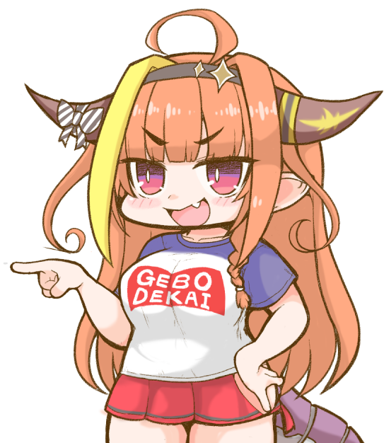 1girl ahoge bow breasts cowboy_shot diagonal-striped_bow dragon_girl dragon_horns dragon_tail fang hairband hand_on_hip hololive horn_bow horn_ornament horns kiryu_coco large_breasts matarou_(matarou072) miniskirt pointing pointy_ears red_skirt romaji_text side_slit skirt solo source_quote_parody sugoi_dekai tail translation_request v-shaped_eyebrows violet_eyes virtual_youtuber