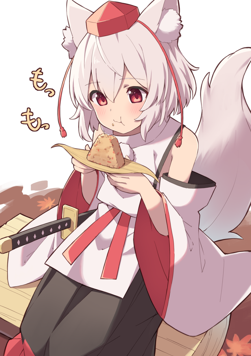 1girl :t animal_ear_fluff animal_ears bangs bare_shoulders black_skirt blush eating eyebrows_visible_through_hair feet_out_of_frame food food_on_face hair_between_eyes hands_up hat highres inubashiri_momiji kochi_michikaze leaf long_sleeves looking_down maple_leaf pom_pom_(clothes) red_eyes red_headwear shirt short_hair simple_background skirt solo tail tokin_hat touhou white_background white_hair white_shirt wide_sleeves wolf_ears wolf_tail