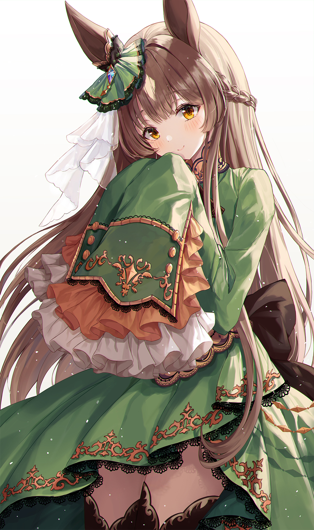 1girl animal_ears black_legwear blush brown_eyes brown_hair closed_mouth cowboy_shot dress eyebrows_visible_through_hair frilled_sleeves frills gradient gradient_background green_dress highres horse_ears horse_girl long_hair m1yu satono_diamond_(umamusume) sleeves_past_fingers sleeves_past_wrists smile solo thigh-highs umamusume