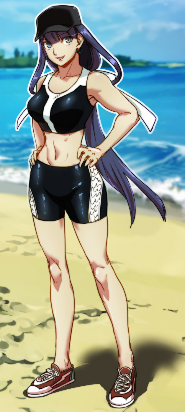 1girl aoba_(smartbeat) bangs baseball_cap beach black_headwear black_shorts black_sports_bra blue_eyes blunt_bangs breasts fate/grand_order fate_(series) full_body hair_ribbon hat highres large_breasts long_hair looking_at_viewer martha_(fate) ocean open_mouth ponytail purple_hair ribbon shoes shore shorts smile sneakers solo sports_bra under_the_same_sky