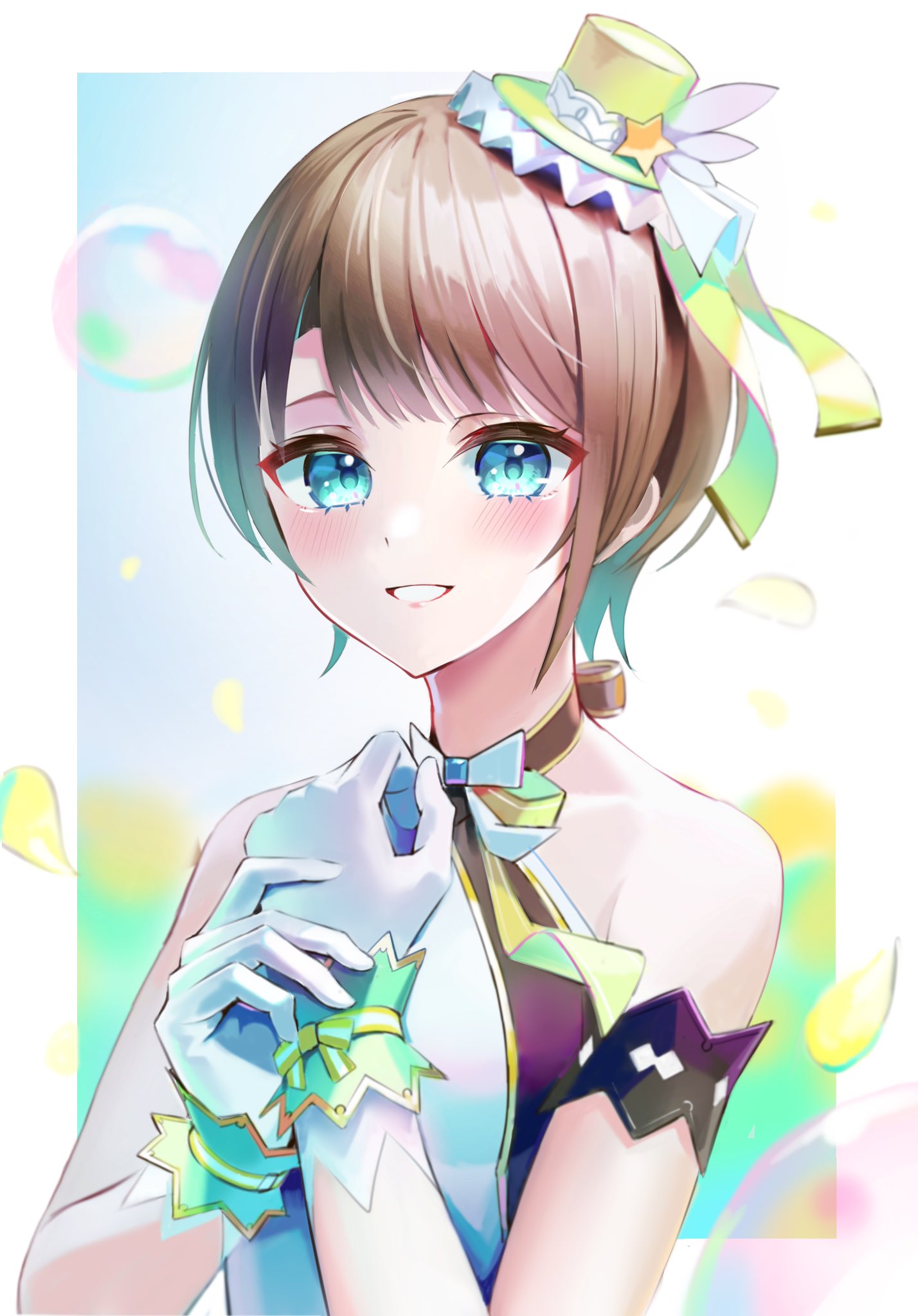 1girl arm_strap bangs bare_shoulders blue_eyes blush breasts brown_hair commentary dress gloves grin halterneck hands_up hat hat_ornament hat_ribbon highres hololive hololive_idol_uniform looking_at_viewer midori_matsukaze mini_hat mini_top_hat oozora_subaru own_hands_together petals ribbon short_hair smile solo star_(symbol) star_hat_ornament symbol-only_commentary top_hat upper_body virtual_youtuber white_dress white_gloves wrist_cuffs yellow_headwear yellow_ribbon