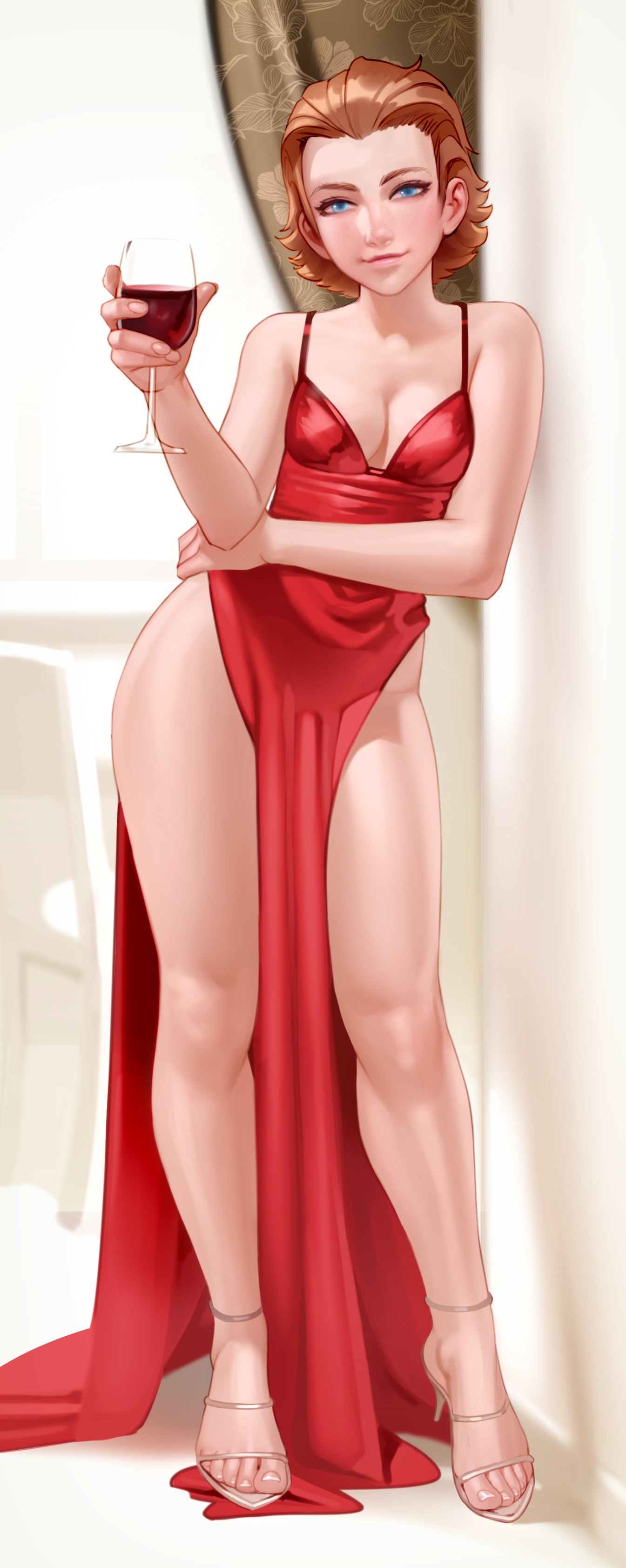 1girl absurdres alcohol bare_arms bare_legs bare_shoulders blue_eyes blush breasts brown_hair closed_mouth commission cup dress drinking_glass high_heels highres holding holding_cup kairunoburogu long_dress looking_at_viewer medium_breasts medium_hair original red_dress sandals smile solo toenails wine wine_glass