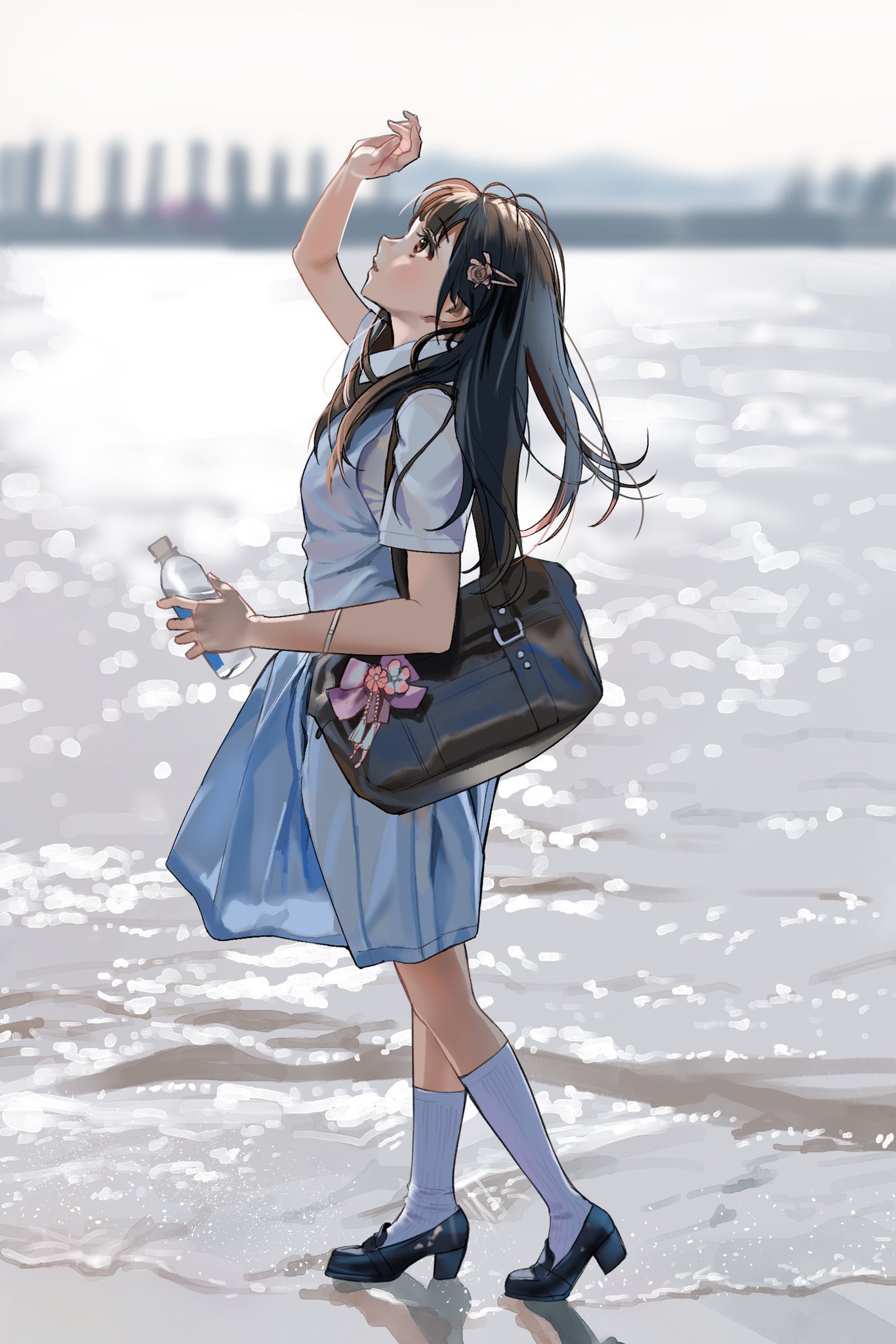 1girl bag bangs beach black_footwear blue_dress blue_eyes blurry blurry_background blush bottle brown_hair collared_shirt dress dress_shirt hair_ornament hairclip hand_up highres holding holding_bottle long_hair looking_up original outdoors parted_lips puckjjick_(belbesi19) school_bag shirt short_sleeves sky socks solo standing water water_bottle white_legwear white_shirt