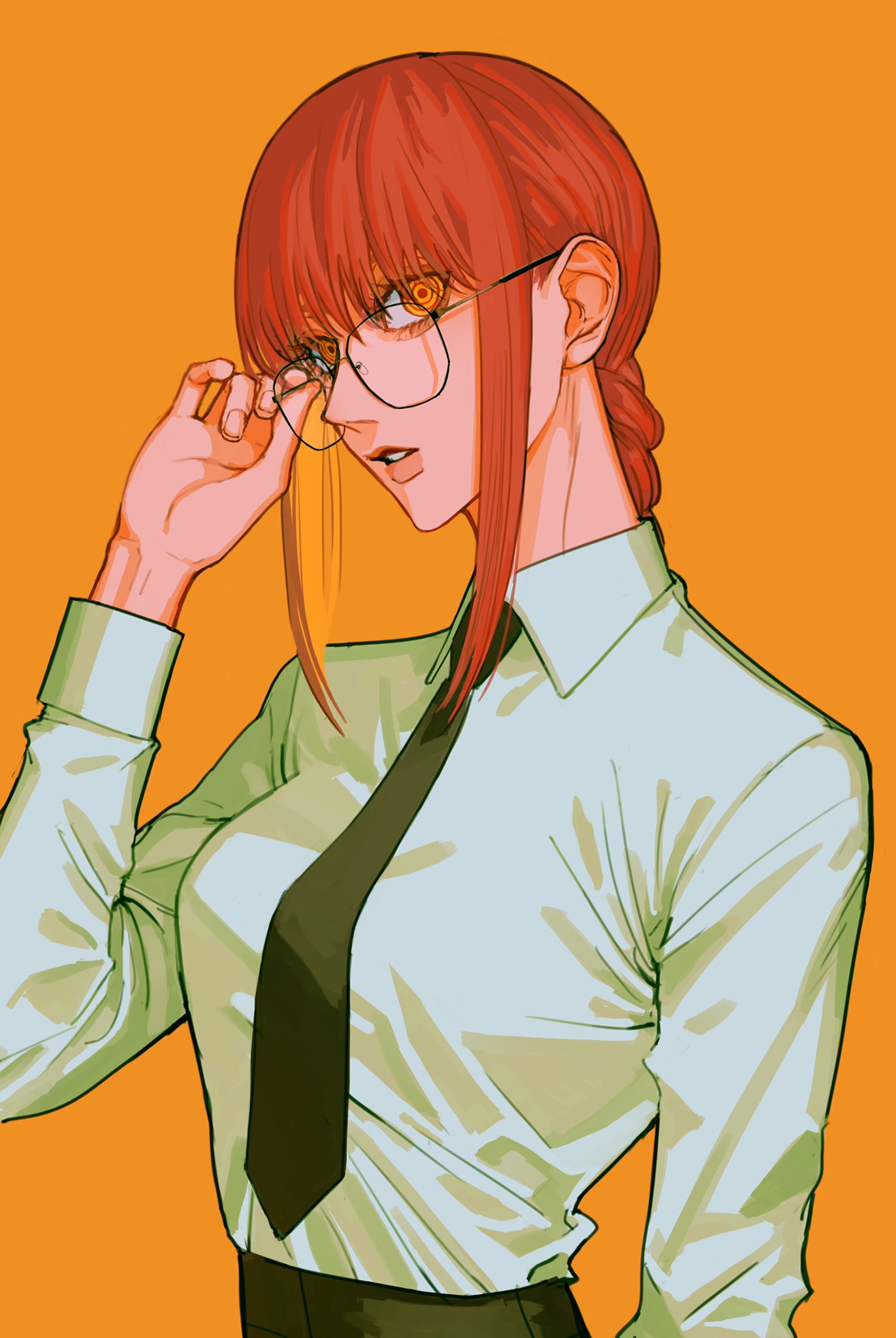 1girl bangs black_neckwear black_pants braid braided_ponytail breasts business_suit chainsaw_man formal glasses highres iamthekingofegg long_hair long_sleeves makima_(chainsaw_man) medium_breasts necktie neckwear office_lady orange_background pants redhead ringed_eyes shirt sidelocks simple_background solo suit upper_body white_shirt yellow_eyes