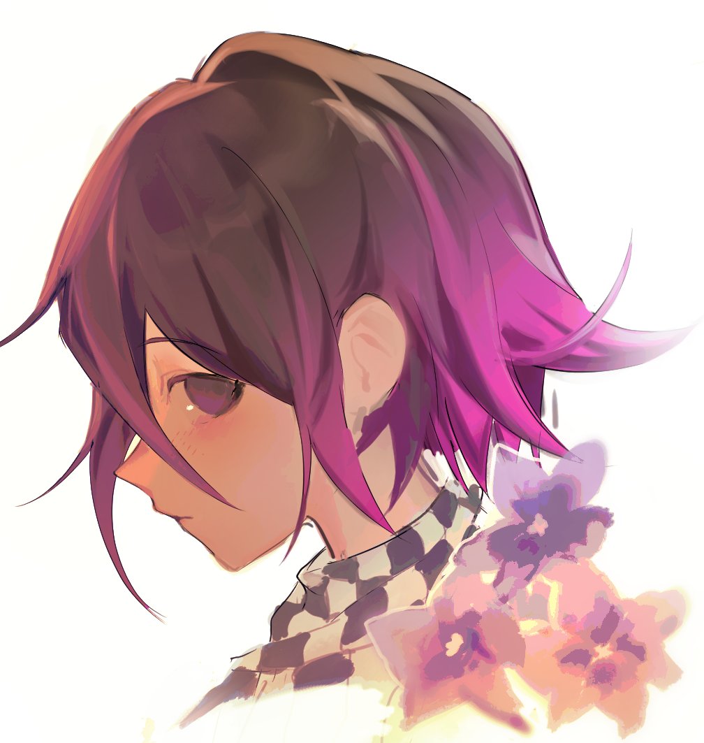 1boy bangs cropped_shoulders danganronpa_(series) danganronpa_v3:_killing_harmony eyebrows_visible_through_hair flipped_hair flower grey_background hair_between_eyes kyandii looking_at_viewer ouma_kokichi pink_flower pink_hair profile purple_hair short_hair simple_background solo violet_eyes white_background