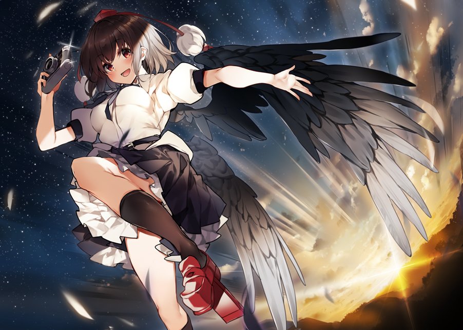 1girl black_hair black_legwear black_ribbon black_skirt blush camera eyebrows_visible_through_hair feathered_wings geta hair_between_eyes hat holding holding_camera ken_(coffee_michikusa) kneehighs open_mouth pleated_skirt pom_pom_(clothes) puffy_short_sleeves puffy_sleeves red_eyes red_headwear ribbon shameimaru_aya shirt short_hair short_sleeves skirt smile solo tengu-geta tokin_hat touhou white_shirt wings