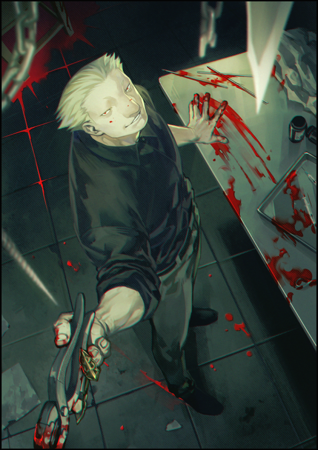 1boy belt blonde_hair blood blood_splatter brown_pants chain checkered checkered_floor collared_shirt from_above grin holding letterboxed male_focus omori_yakumo pants parted_lips pliers shirt smile solo standing teeth tile_floor tiles tokyo_ghoul weapon zoo_(oukakumaku)