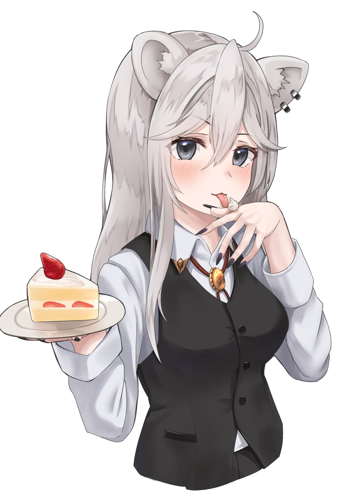 1girl :3 ahoge animal_ears bangs black_nails black_vest blush bolo_tie breasts cake cake_slice collared_shirt cropped_torso dress_shirt ear_piercing fingernails food food_on_finger grey_eyes hair_between_eyes hair_flaps highres holding holding_tray hololive large_breasts licking licking_finger lion_ears lion_girl long_fingernails long_hair long_sleeves looking_at_viewer micon nail_polish piercing sharp_fingernails shirt shishiro_botan sidelocks silver_hair solo tray upper_body v-shaped_eyebrows vest virtual_youtuber waistcoat white_shirt