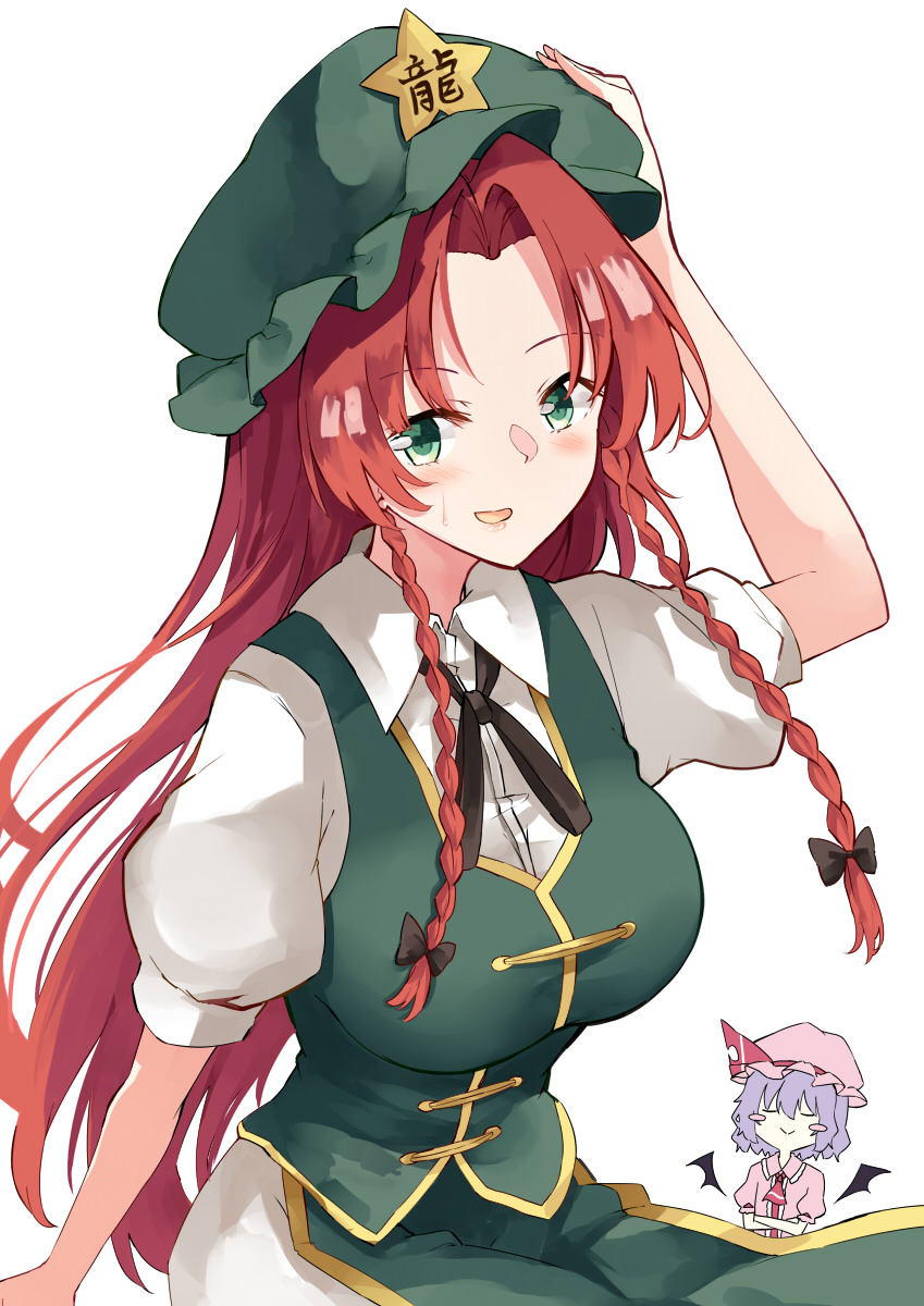 2girls ascot bangs bat_wings black_neckwear black_ribbon blush blush_stickers braid breasts cabbie_hat chinese_clothes closed_eyes crossed_arms deetamu green_eyes green_vest hair_ribbon hat hat_ornament highres hong_meiling large_breasts long_hair looking_at_viewer mob_cap multiple_girls open_mouth pants puffy_short_sleeves puffy_sleeves red_neckwear redhead remilia_scarlet ribbon shirt short_hair short_sleeves simple_background star_(symbol) star_hat_ornament sweatdrop touhou tress_ribbon twin_braids vest white_background white_pants white_shirt wings