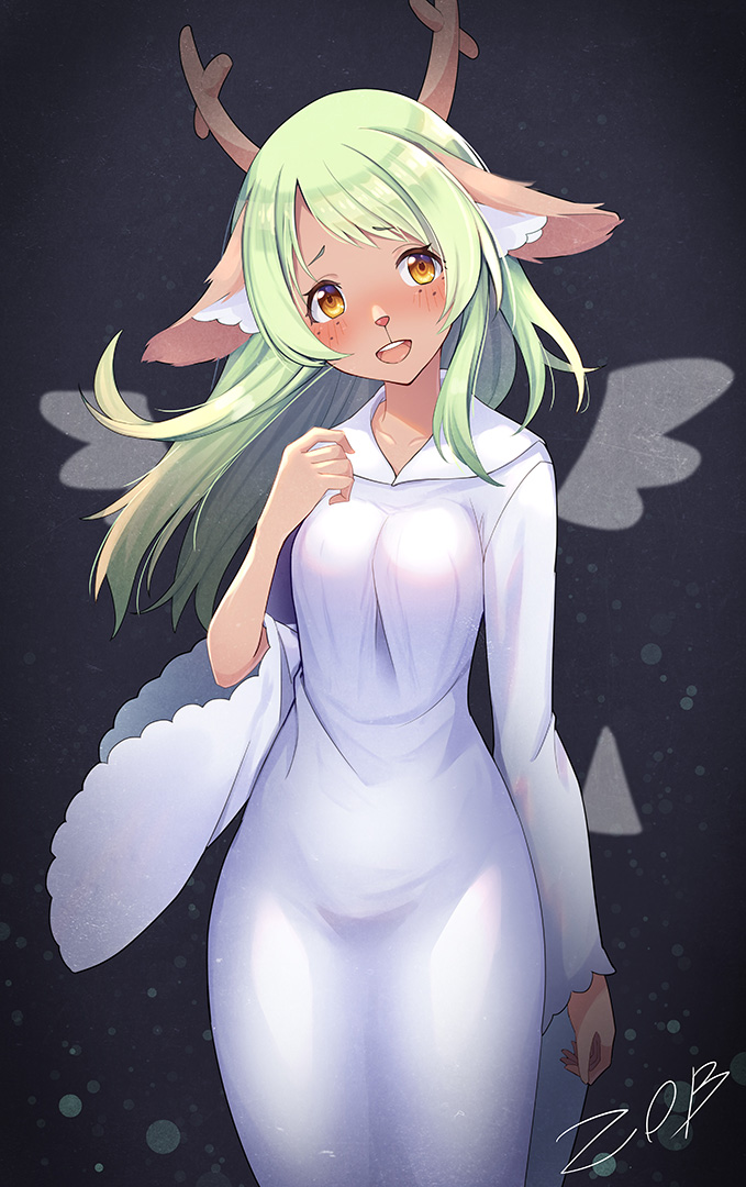 1girl animal_ears antlers artist_name blonde_hair breasts brown_eyes cloak deer_ears deer_girl deltarune freckles hood long_hair looking_at_viewer medium_breasts monster_girl noelle_holiday solo standing upper_teeth white_cloak wide_sleeves z.o.b