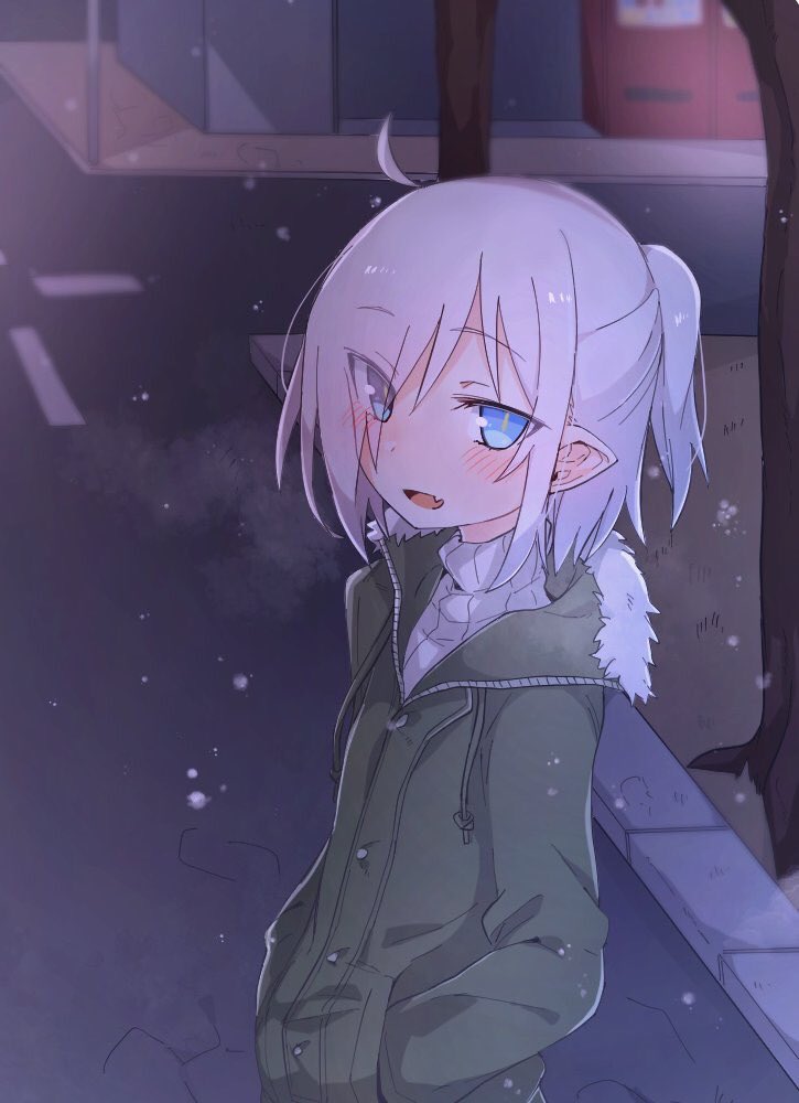 1girl :d ahoge blue_eyes fang green_jacket grey_sweater hands_in_pockets heterochromia higashi_shino jacket long_sleeves looking_at_viewer nowareno_(higashi_shino) open_mouth original pointy_ears ribbed_sweater skin_fang slit_pupils smile solo sweater upper_body white_hair