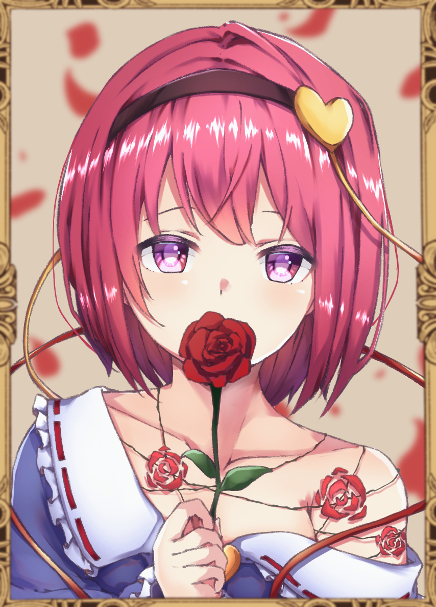 1girl bangs blue_shirt blush brown_hairband collarbone floral_print flower flower_to_mouth frilled_shirt_collar frills hair_between_eyes hair_ornament hairband heart heart_hair_ornament hojiro_same komeiji_satori long_sleeves looking_at_viewer off-shoulder_shirt off_shoulder petals pink_eyes purple_eyelashes ribbon-trimmed_collar ribbon_trim rose rose_petals rose_print shiny shiny_hair shirt short_hair solo string touhou violet_eyes