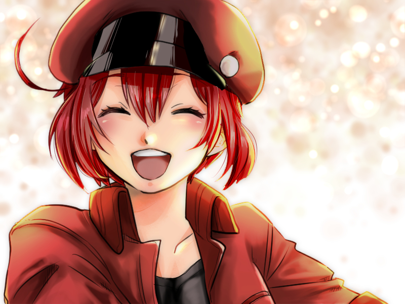 1girl :d ae-3803 ahoge azmaruu badge bangs black_shirt blush bob_cut button_badge cabbie_hat close-up closed_eyes collarbone commentary facing_viewer hat hataraku_saibou jacket open_mouth portrait red_blood_cell_(hataraku_saibou) red_jacket redhead shirt short_hair smile solo upper_body upper_teeth