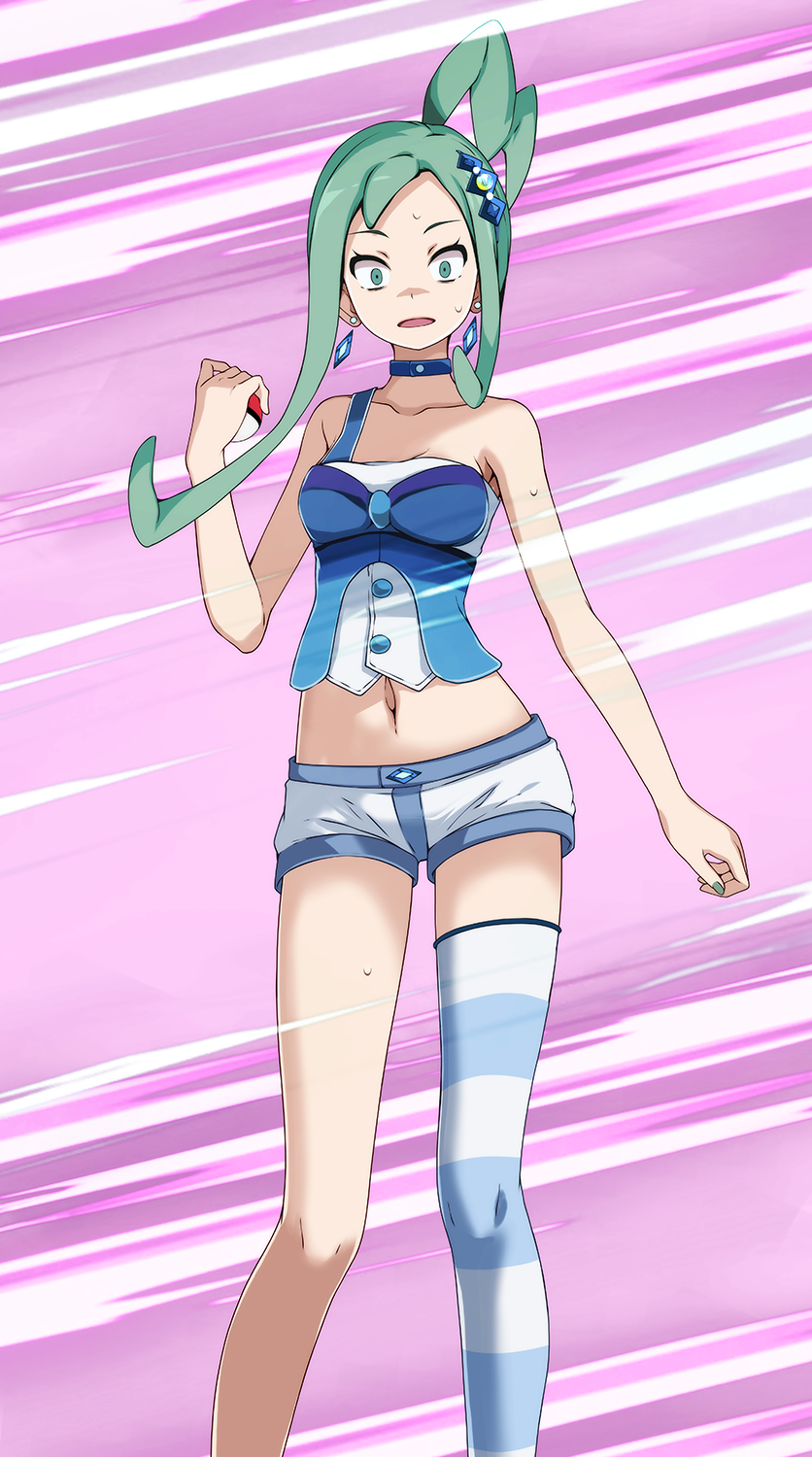 1girl aqua_eyes aqua_hair asymmetrical_legwear blue_choker choker collarbone earrings highres holding holding_poke_ball jewelry lisia_(pokemon) long_hair looking_at_viewer midriff navel open_mouth poke_ball pokemon pokemon_(game) pokemon_oras ponytail purple_background scared shiny shiny_hair short_shorts shorts sidelocks single_thighhigh sleeveless solo standing stomach striped striped_legwear sweatdrop thigh-highs tsukishiro_saika white_shorts