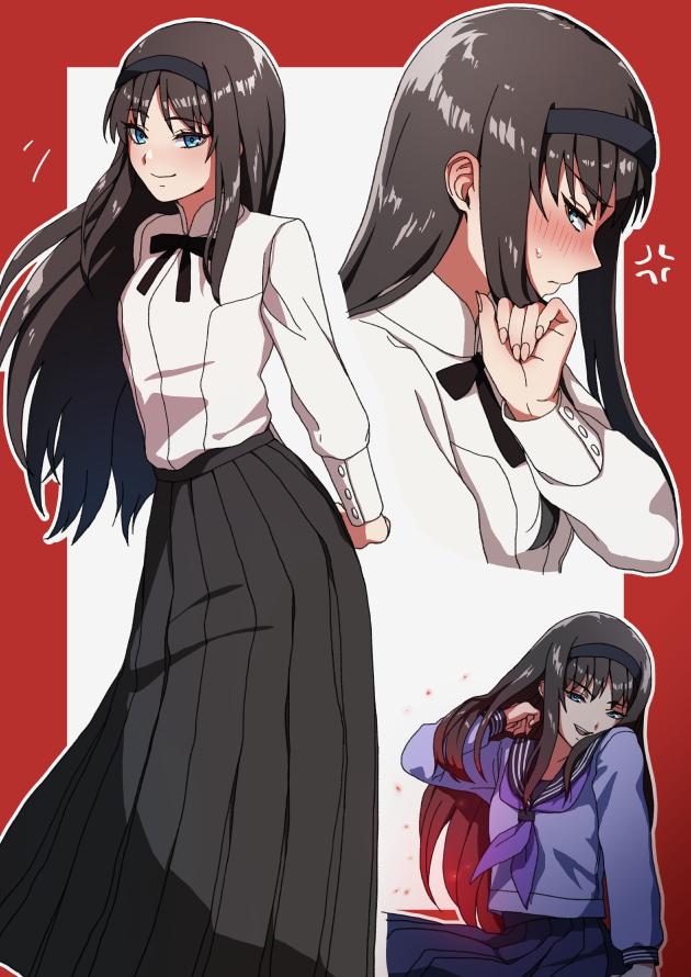 1girl :d anger_vein arms_behind_back bangs black_hair black_hairband black_neckwear black_ribbon black_skirt blouse blue_blouse blue_eyes blue_serafuku blue_skirt blush border closed_mouth cropped_torso ear_blush feet_out_of_frame gradient_hair hairband hand_in_hair head_tilt kiya_hajime leaning_forward long_skirt long_sleeves looking_at_viewer multicolored_hair multiple_views neck_ribbon neckerchief open_mouth pleated_skirt profile purple_neckwear red_border ribbon sailor_collar school_uniform serafuku shiny shiny_hair shirt sidelocks sitting skirt smile standing sweat tohno_akiha tsukihime tsukihime_(remake) white_shirt