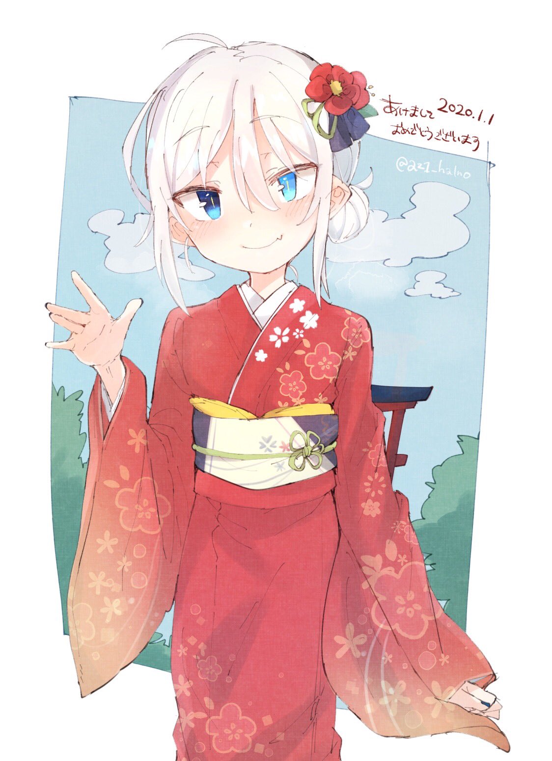 1girl \||/ ahoge akeome blue_eyes blue_nails blush closed_mouth dated fang fang_out fingernails floral_print flower hair_bun hair_flower hair_ornament hand_up happy_new_year heterochromia higashi_shino highres japanese_clothes kimono long_sleeves looking_at_viewer nail_polish new_year nowareno_(higashi_shino) obi original print_kimono red_flower red_kimono sash skin_fang slit_pupils smile solo torii waving white_hair wide_sleeves