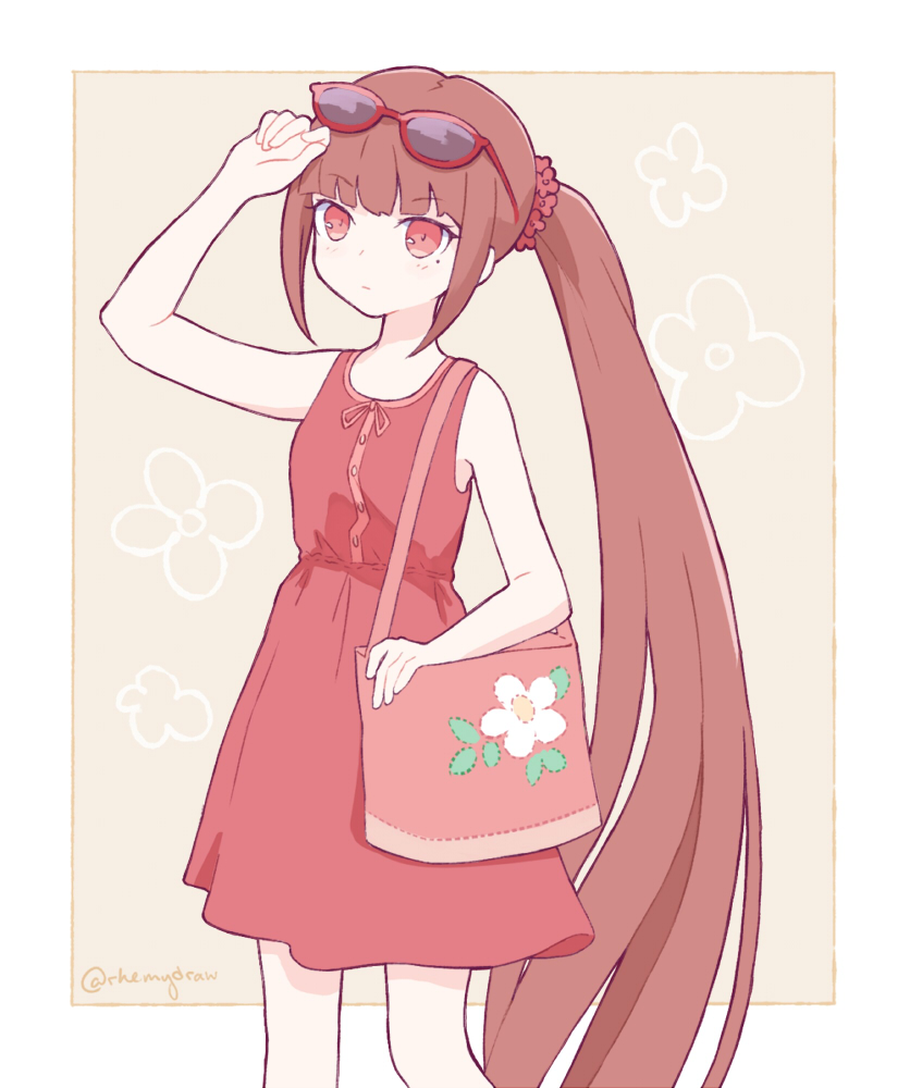 1girl alternate_costume alternate_hairstyle arm_up bag bangs blunt_bangs brown_background brown_hair closed_mouth commentary danganronpa_(series) danganronpa_v3:_killing_harmony dress english_commentary eyebrows_visible_through_hair eyewear_on_head floral_print flower hair_flower hair_ornament harukawa_maki long_hair looking_at_viewer mole mole_under_eye ponytail red-framed_eyewear red_dress red_eyes red_scrunchie rhemy_(rhemydraw) scrunchie sleeveless solo standing sunglasses twitter_username very_long_hair white_background