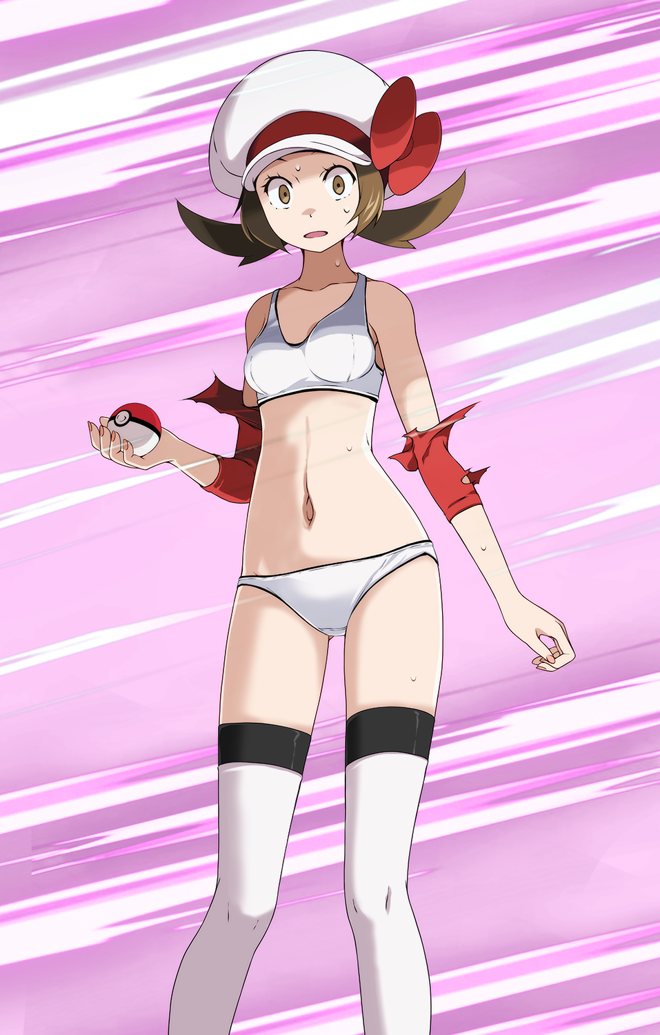 1girl bow bra breasts brown_eyes brown_hair collarbone detached_sleeves hat hat_bow highres holding holding_poke_ball long_hair looking_at_viewer low_twintails lyra_(pokemon) navel open_mouth panties poke_ball pokemon pokemon_(game) pokemon_hgss purple_background red_bow red_sleeves shiny shiny_hair small_breasts solo sports_bra standing sweatdrop thigh-highs torn_clothes torn_sleeves tsukishiro_saika twintails underwear underwear_only white_bra white_headwear white_legwear white_panties