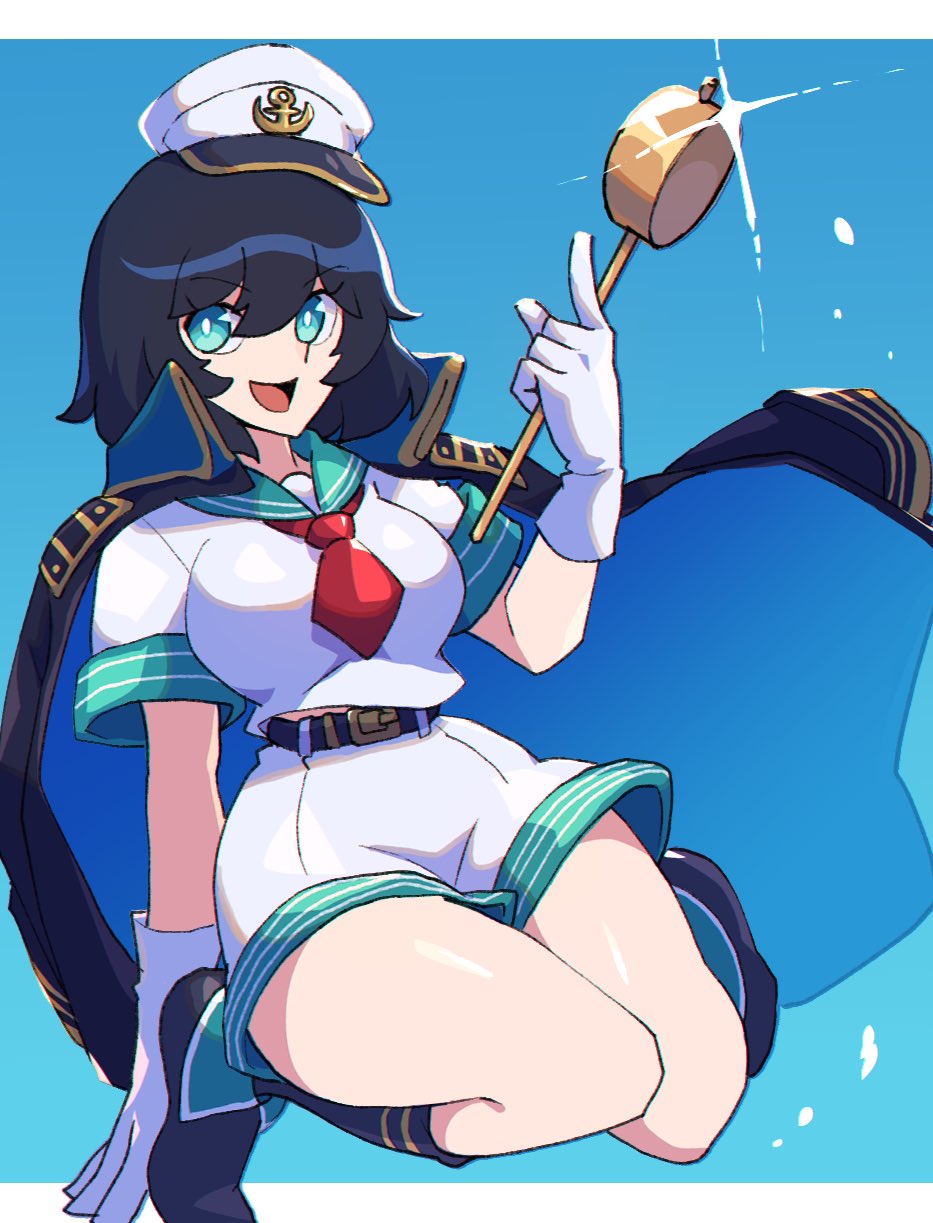 1girl anchor_symbol belt black_hair blue_eyes boots breasts coat coat_on_shoulders dress eyebrows_visible_through_hair gloves gold_trim hat highres hishaku iganashi1 knee_boots large_breasts looking_at_viewer murasa_minamitsu open_mouth red_neckwear red_ribbon ribbon sailor_collar sailor_dress sailor_hat sailor_shirt shiny shiny_skin shirt short_hair short_sleeves shorts solo thighs touhou white_gloves white_shorts