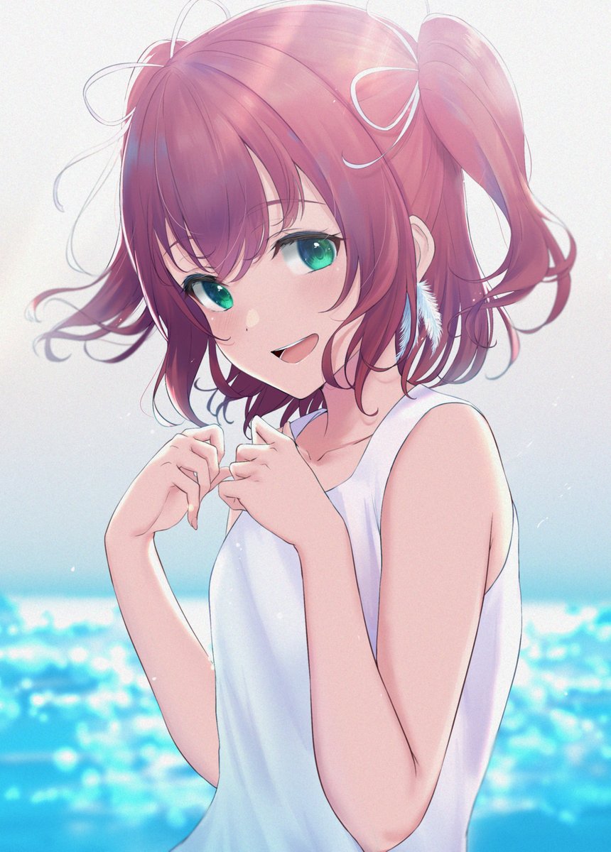 1girl aqua_eyes bare_arms bare_shoulders commentary_request dress feather_hair_ornament feathers hair_ornament hair_ribbon hands_up highres kurosawa_ruby looking_at_viewer love_live! love_live!_sunshine!! open_mouth rama_(yu-light8) redhead ribbon smile solo sundress two_side_up upper_body white_dress white_feathers white_ribbon