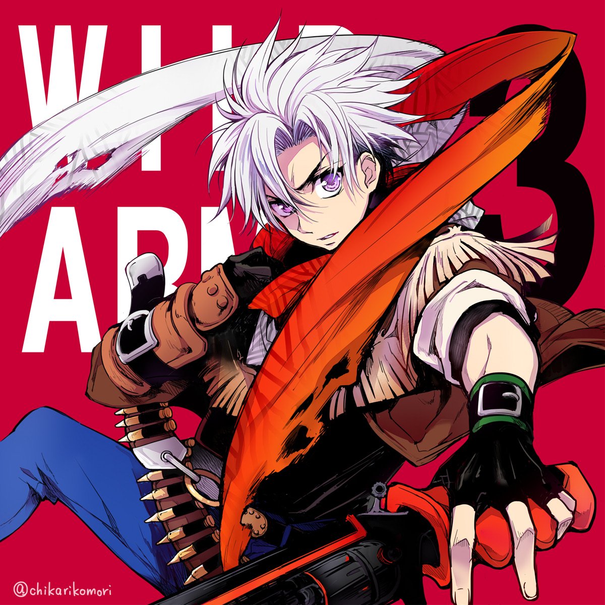 1boy belt bullet chikariya coat denim fingerless_gloves fringe_trim gloves gun highres jeans jet_enduro looking_at_viewer male_focus pants scarf simple_background solo twitter_username violet_eyes weapon white_hair wild_arms wild_arms:_million_memories wild_arms_3