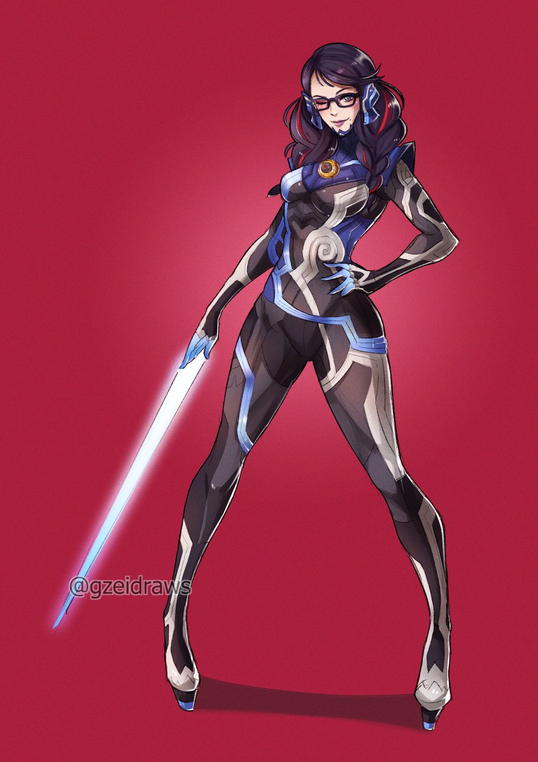 1girl armor bayonetta bayonetta_(series) bayonetta_3 beam_saber black_hair bodysuit braid cosplay glasses gzei highres jewelry lipstick long_hair looking_at_viewer makeup mole mole_under_mouth multicolored_hair one_eye_closed protagonist_(smtv) redhead shin_megami_tensei shin_megami_tensei_v simple_background smile solo weapon