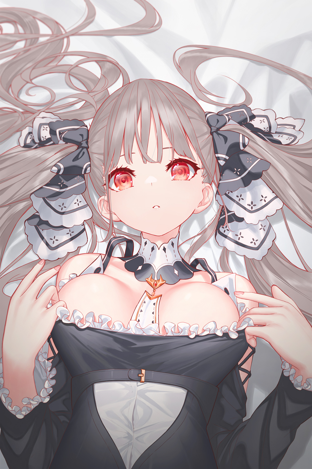 1girl azur_lane black_bow bow breasts collarbone cosplay formidable_(azur_lane) formidable_(azur_lane)_(cosplay) grey_hair hair_bow hair_ribbon highres large_breasts long_hair look-alike lying on_back red_eyes ribbon solo twintails upper_body yaoku