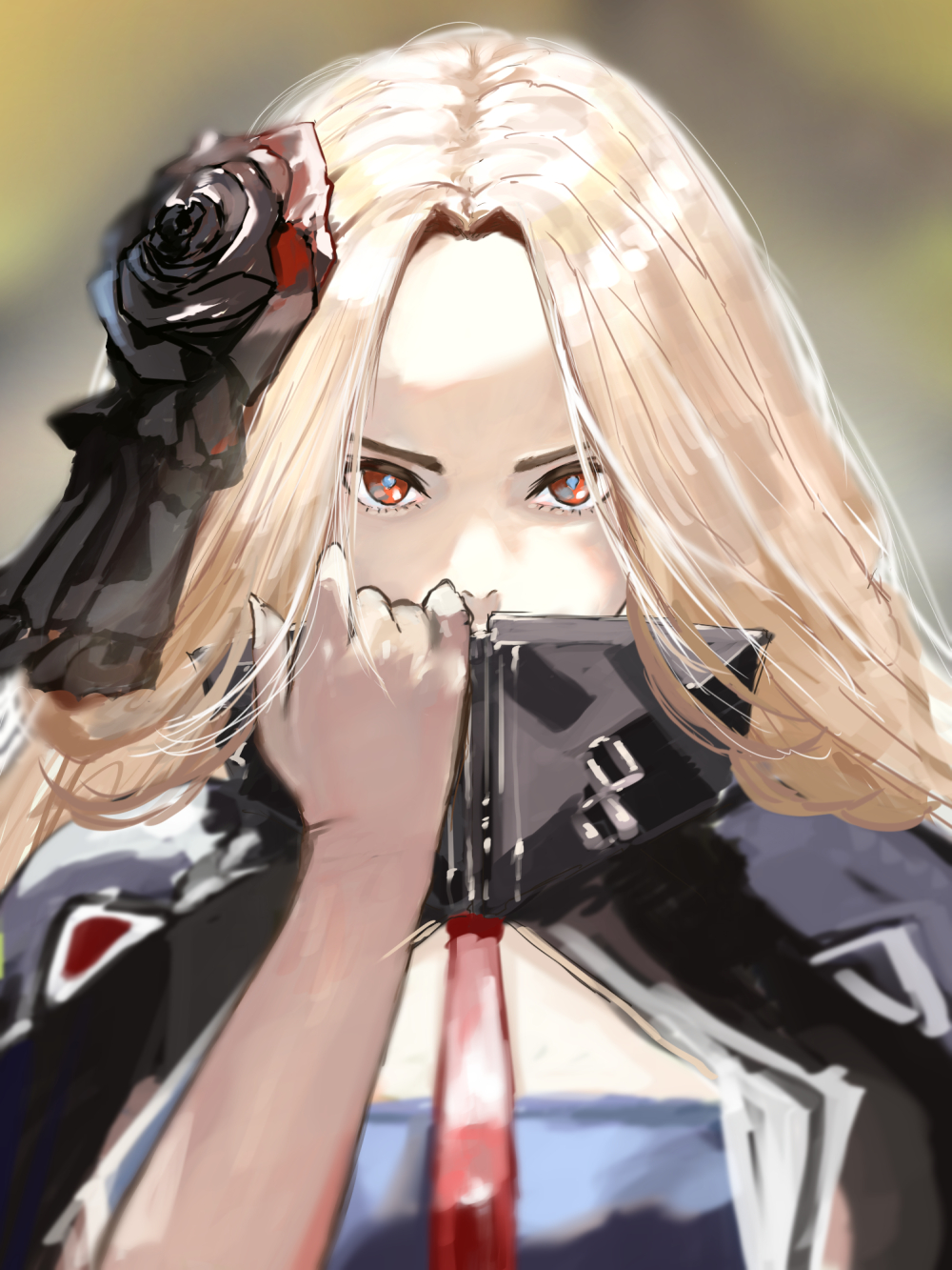 1girl azur_lane black_flower black_rose blonde_hair blurry blurry_background bunker_hill_(azur_lane) covered_mouth fingernails flower hair_flower hair_ornament hand_up highres kdm_(ke_dama) long_fingernails long_hair looking_at_viewer necktie red_eyes red_neckwear rose solo white_nails