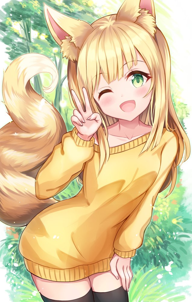 1girl ;d animal_ears black_legwear blonde_hair fox_ears fox_girl fox_tail green_eyes hand_on_own_thigh long_hair long_sleeves looking_at_viewer one_eye_closed open_mouth original sakura_ani smile sweater tail thigh-highs v yellow_sweater