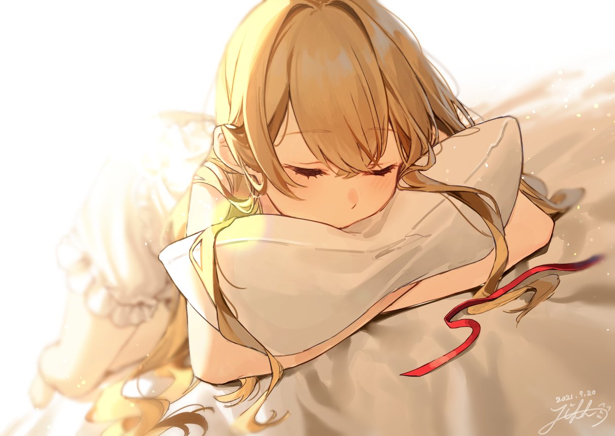 1girl artist_name bangs bare_shoulders barefoot blonde_hair blush closed_eyes closed_mouth eyebrows_visible_through_hair hair_between_eyes jill_07km kirisame_marisa light long_hair lying no_hat no_headwear pajamas pillow shadow shirt shorts sleeping sleeveless solo t-shirt touhou white_pajamas white_shirt white_shorts