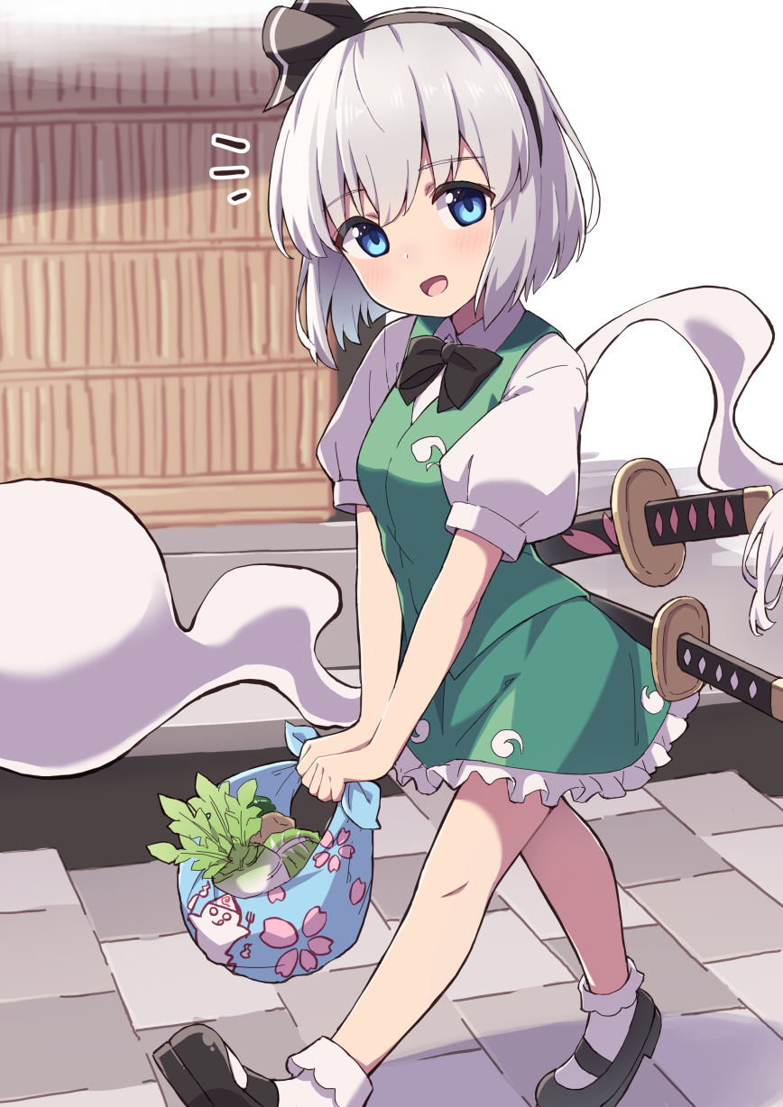 1girl bangs black_hairband black_neckwear blue_eyes blush bob_cut breasts cloth eyebrows_visible_through_hair frilled_skirt frills green_skirt green_vest hair_between_eyes hairband highres hitodama_print katana kochi_michikaze konpaku_youmu konpaku_youmu_(ghost) looking_at_viewer medium_breasts open_mouth puffy_short_sleeves puffy_sleeves radish scabbard sheath shirt short_hair short_sleeves silver_hair skirt solo stone_floor sword touhou vest weapon white_shirt