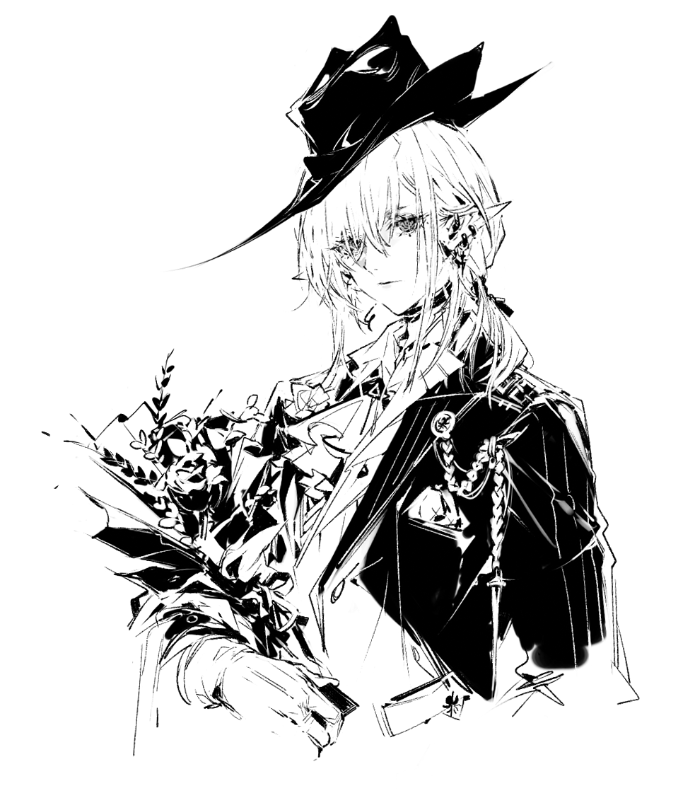 1girl arknights ascot bouquet chuzenji closed_mouth coat commentary ear_piercing flower gladiia_(arknights) greyscale hat holding holding_bouquet lineart looking_at_viewer monochrome open_clothes open_coat piercing pointy_ears sketch solo upper_body