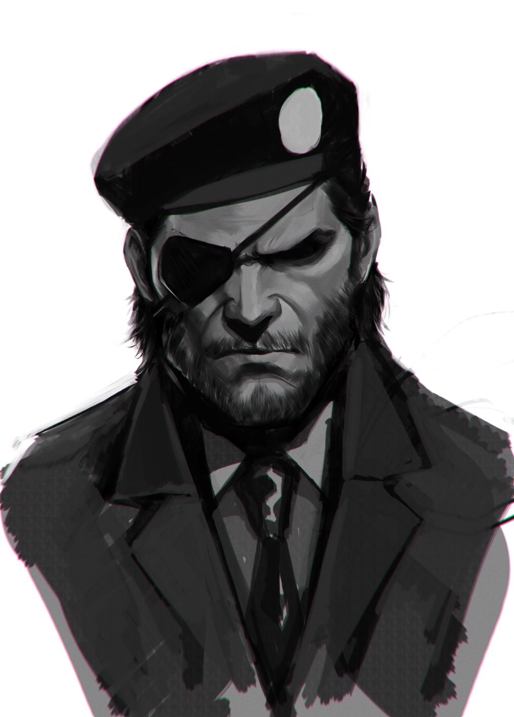 1boy beard closed_mouth cropped_torso eyepatch face facial_hair greyscale highres hikichi_sakuya male_focus mature_male metal_gear_(series) metal_gear_solid monochrome mustache necktie old old_man portrait short_hair sketch solid_snake solo white_background wrinkled_skin