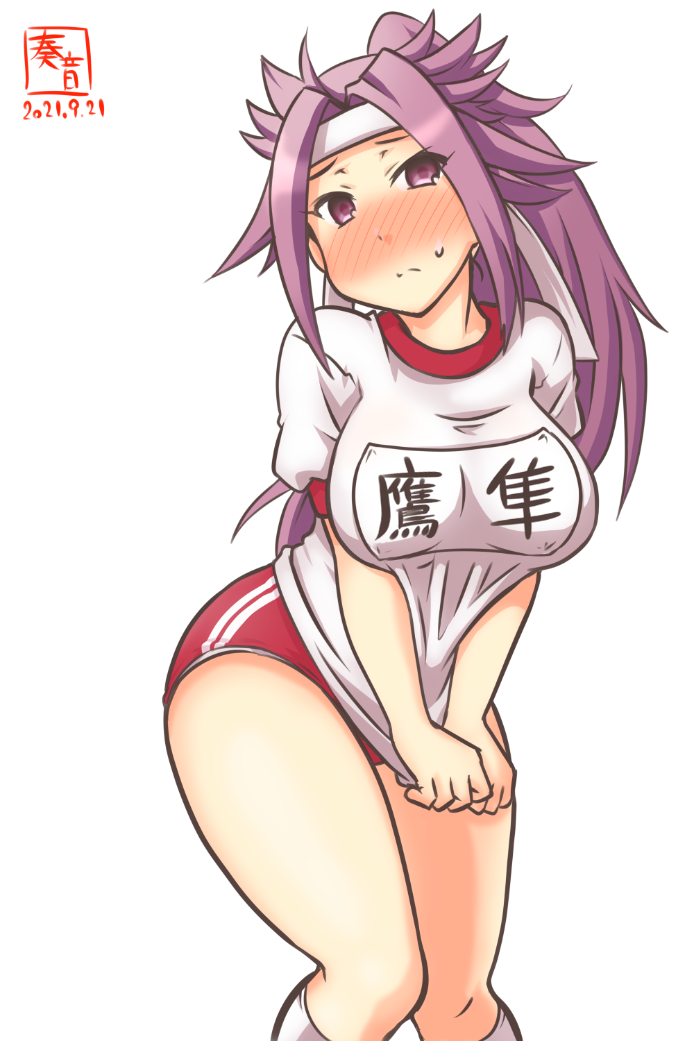 1girl alternate_costume alternate_hairstyle artist_logo blush breasts buruma covering covering_crotch cowboy_shot dated gym_shirt gym_uniform headband highres jun'you_(kancolle) kanon_(kurogane_knights) kantai_collection large_breasts long_hair name_tag one-hour_drawing_challenge ponytail purple_hair red_buruma shirt simple_background solo spiky_hair violet_eyes white_background
