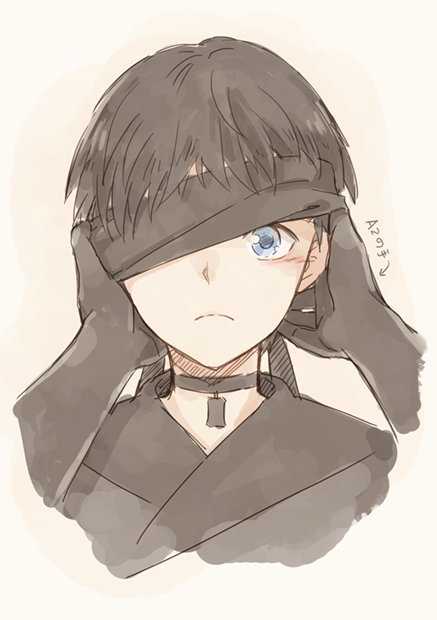 1boy bat_(coumori) black_blindfold black_choker black_gloves black_hair blindfold blindfold_lift blue_eyes character_name choker commentary_request gloves hands_on_another's_face nier_(series) nier_automata short_hair simple_background translated yorha_no._4_type_s yorha_type_a_no._2