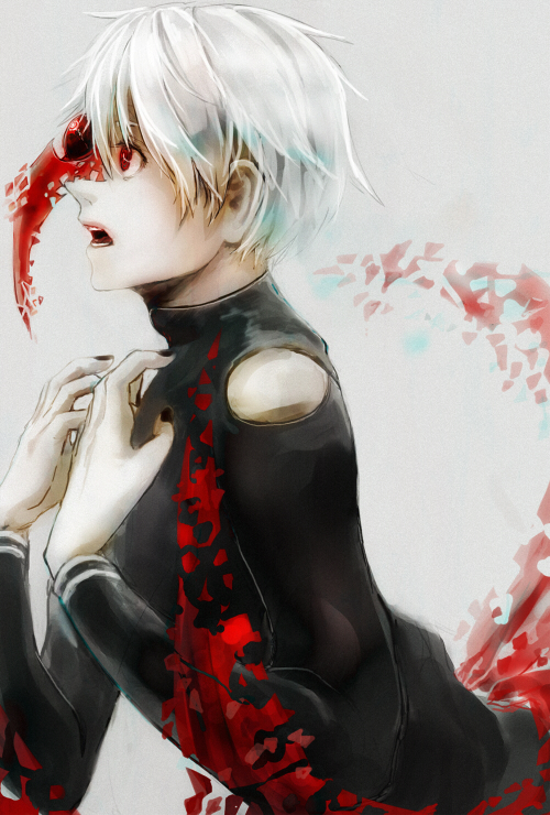 1boy bangs black_bodysuit black_nails bodysuit clothing_cutout grey_background grey_hair hands_up kagune_(tokyo_ghoul) kaneki_ken long_sleeves male_focus mask official_alternate_costume open_mouth profile red_eyes shiny shiny_hair short_hair shoulder_cutout simple_background solo straw_like teeth tokyo_ghoul upper_body