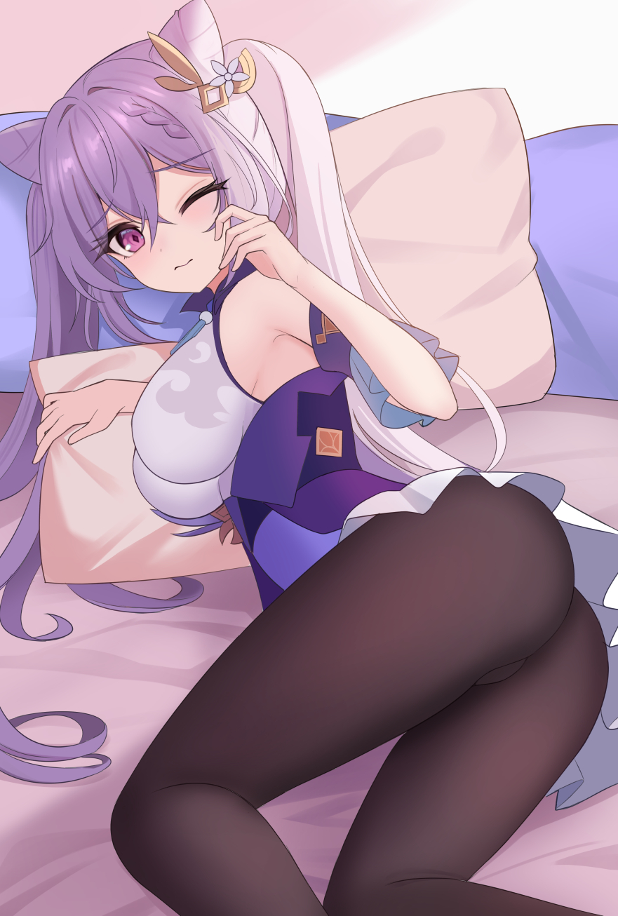 1girl armpits ass bangs bed_sheet black_legwear braid commentary_request eyebrows_visible_through_hair from_below genshin_impact hair_between_eyes hair_ornament highres icwine keqing_(genshin_impact) long_hair looking_at_viewer lying on_side one_eye_closed panties panties_under_pantyhose pantyhose pillow purple_hair rubbing_eyes sidelocks single_braid solo underwear violet_eyes waking_up