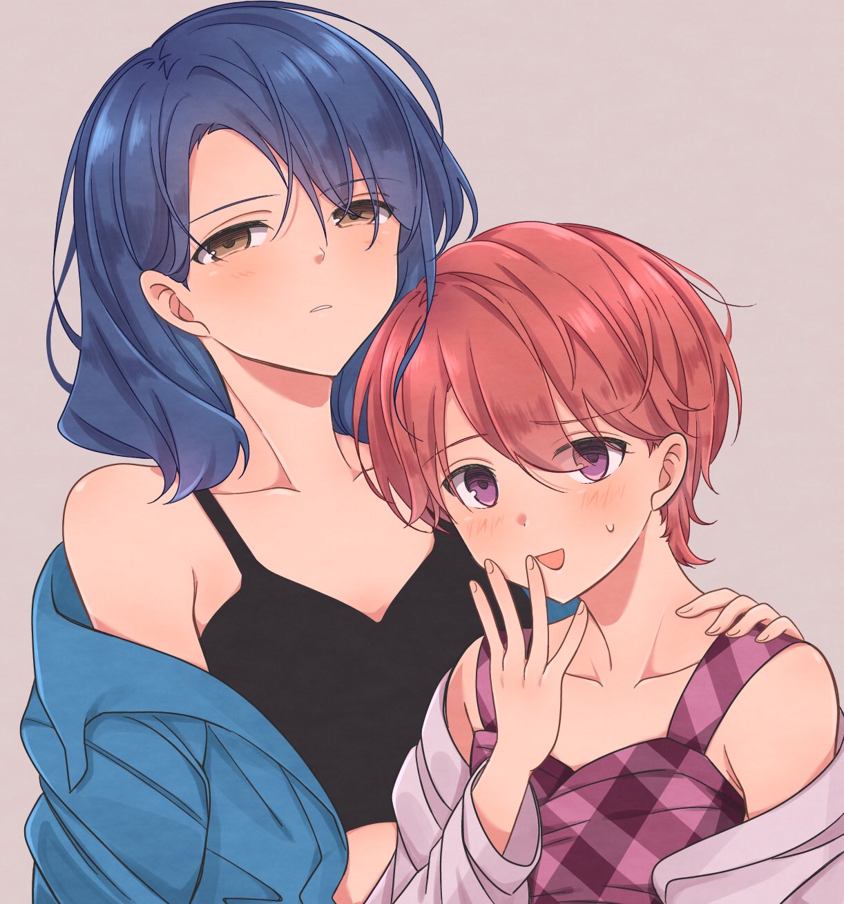 2girls bangs bare_shoulders black_camisole blue_hair blue_jacket blush brown_eyes camisole checkered collarbone commentary crop_top eyebrows_visible_through_hair grey_background grey_jacket hair_behind_ear hair_between_eyes half-closed_eyes hanayagi_kaoruko hand_on_another's_shoulder hand_to_own_mouth hand_up height_difference highres isurugi_futaba jacket light_blush long_sleeves looking_at_viewer medium_hair multiple_girls nukazuke_(kzhto) off_shoulder official_alternate_costume open_clothes open_jacket open_mouth parted_lips pink_eyes pink_tank_top redhead short_hair shoujo_kageki_revue_starlight side-by-side simple_background sweatdrop swept_bangs tank_top upper_body
