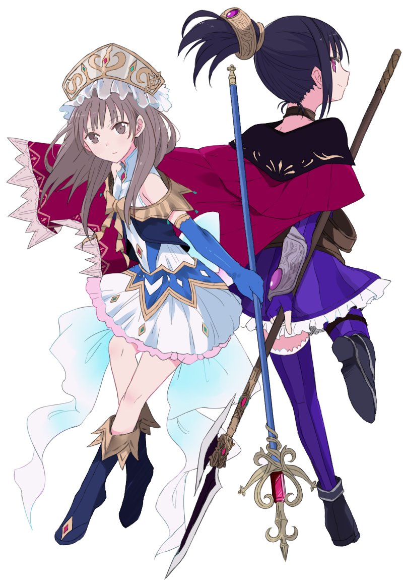 2girls arm_behind_back atelier_(series) atelier_lulua atelier_totori back-to-back black_hair blue_gloves boots bow bracer brown_eyes brown_hair cape choker dress elbow_gloves fingerless_gloves frills gloves hair_ornament halberd headdress holding holding_weapon knee_boots looking_at_viewer looking_back maromi_(am97) mimi_houllier_von_schwarzlang multiple_girls plantar_flexion polearm ponytail red_eyes simple_background smile staff standing standing_on_one_leg thigh-highs totooria_helmold weapon white_background